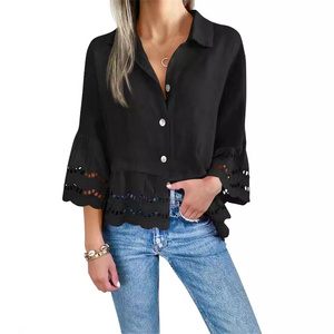 Chemisier décontracté printemps-été pour femme, ample, uni, tissé, avec grandes manches évasées en dentelle et découpes - Product Image 2