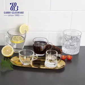 China manufacturer 8 oz Cafe juice glass coffee cups with unique handle design for drinking juice coca cola coffee glass mug cus