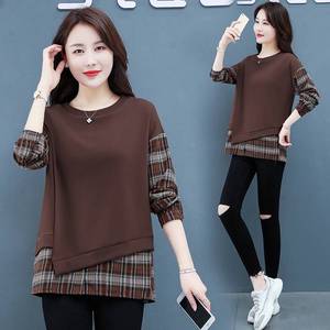 Women's Plaid <b>Patchwork</b> Sweatshirt Set Cotton Lined Loose Casual Autumn Spring Base Layer <b>Top</b> Black Coffee Color - Product Image 1