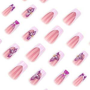<span class=keywords><strong>Ongles</strong></span> artificiels de luxe 3D à presser, carrés, à bout français, réutilisables, rose et violet, avec perles, lot de 24 pièces - Product Image 3