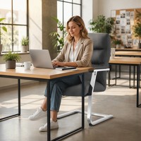 Fauteuil d'invité cantilever à assise profonde en cuir PU noir et gris, dossier segmenté haut, base chromée type traîneau, pour salle de réunion et conférence 1026