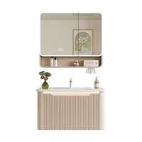 Meuble-lavabo mural moderne personnalisé en crème cannelé avec armoire miroir, étagère ouverte et double éclairage LED pour salle de bain