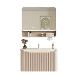 Mobile <span class=keywords><strong>Bagno</strong></span> Moderno Personalizzato a Parete con Finitura Crema, Armadietto a Specchio, Ripiano Aperto <span class=keywords><strong>e</strong></span> Doppie Luci LED per Uso <span class=keywords><strong>Bagno</strong></span> - Product Image 5