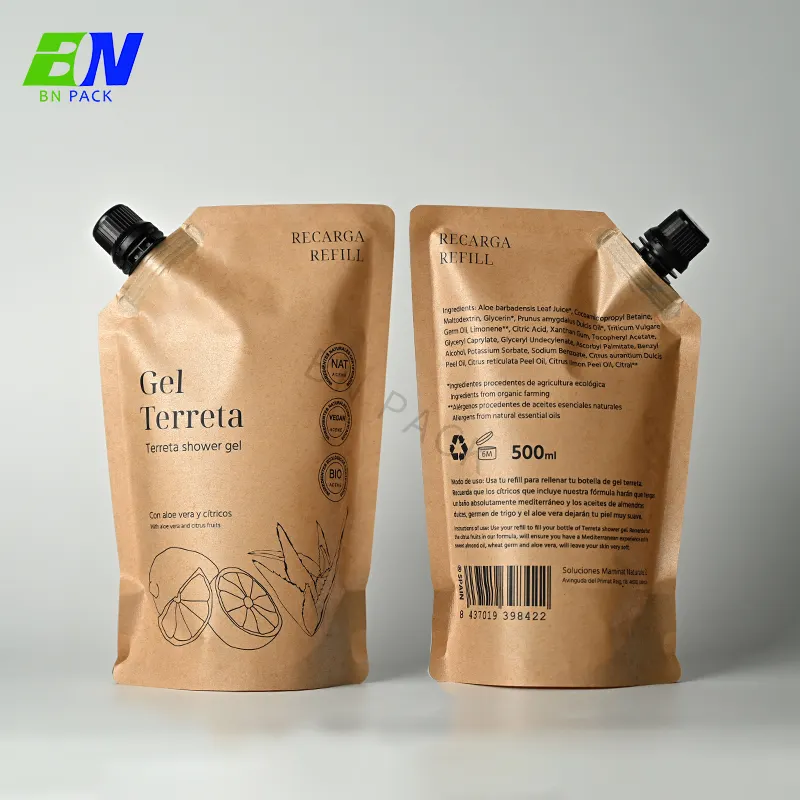 Eco-friendly And Recyclable PCR-PE Kraft Paper Stand Up Pouch With Spout Soup Pouch Reusable Juice Pouch