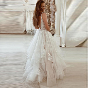 White V-neck Ball Gown Wedding Dress Tulle Lace Natural Waistline Simple Elegant Style - Product Image 2