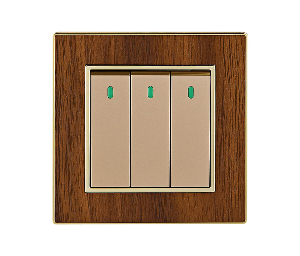 Type 86 UK Standard 3 Gang 1/2 Way Wall Push Button Light Switch Thick Solid Wood Grain Panel Sockets and Switches Electrical