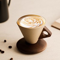 Ensemble tasse et soucoupe à cappuccino en grès de 250 ml, forme en entonnoir, réutilisable, personnalisable, mug à expresso, thé au lait avec base en bois