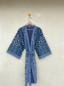 ชุดกิโมโนพิมพ์ลายดอกไม้งานเย็บปะสีครามชุดนอนผ้าคอตตอนชุดฮิปปี้กิโมโน - Product Image 5