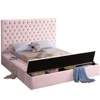 Lit Luxe Léger Design Européen pour Chambre avec Tête de Lit en Velours Rose, Cadre en Bois, Taille Queen King et Rangement