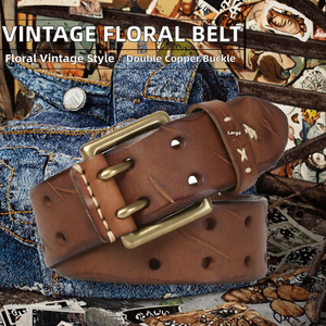 2026 Western Vintage Trendy <b>Printed</b> Casual Double-Buckle Men's <b>Jeans</b> Belt Copper Square Buckle Floral Pattern 3.8cm Width - Product Image 2