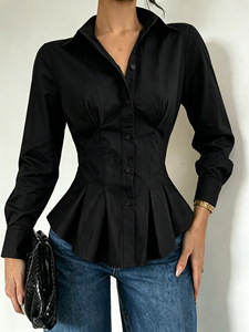 Blusa Casual de Mujer con Solapa, Volantes, Manga Larga, Cintura Fruncida y Plisada, Ajuste Delgado - Product Image 6