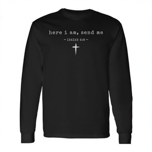 Camiseta de Manga Larga con Diseño de Cruz y Versículo Bíblico Isaías 6:8, Here I Am Send Me - Product Image 2