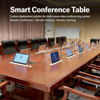Table de conférence vidéo intelligente extensible sans papier avec élévateur de moniteur motorisé – Bureau moderne grand format multi-personnes en MDF écologique