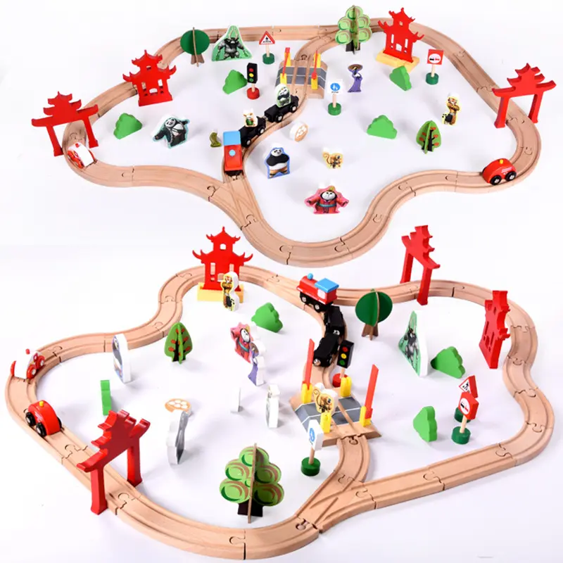 65pcs bambini binario in legno treno binario giocattolo per bambini fai da te accessori per binari in faggio set di treni all'aperto mappa del terreno Puzzle binari del treno