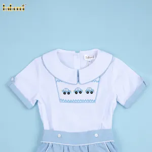 Boy Smocked 2-piece Set Car White And Blue - BB1172 kids smocked clothing wholesale manufacturer hand made customization