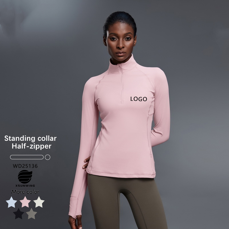 Xsunwing Women Long Sleeve Thumbholes Workout Tops Quick Dry Quarter Zip Pullover Crop Yoga Gym Athletic Slim Fit Shirts WD25150