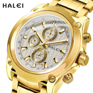 นาฬิกาข้อมือผู้ชาย HALEI สีทอง ของแท้ รุ่นใหม่ ควอตซ์ อนาล็อก โครโนกราฟ กันน้ำ 3BAR เครื่องญี่ปุ่น ขายส่งแบบดรอปชิปปิ้ง - Product Image 1