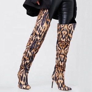 Cheetah Print High Top Large Size 43 Suede Women Over Knee High <b>Boots</b> Side Zip Stiletto Lady Pointed Toe Thigh High Long Booties - Product Image 5