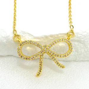 Elegant Clear White Icy Out Bow knot Sparkling Pendant Charms Thin Chain Necklaces