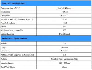 เสาอากาศยากิแบบคู่ย่านความถี่ 144/430MHz สำหรับภายนอกอาคาร V/U  กำลังขยายสูง 9.5/11.5dBi สำหรับการสื่อสาร - Product Image 6