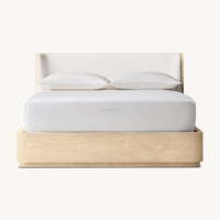 Lit plateforme en chêne bio moderne, tête de lit rembourrée en tissu, cadre de lit King Queen, lit de maître minimaliste de style Arhaus de luxe