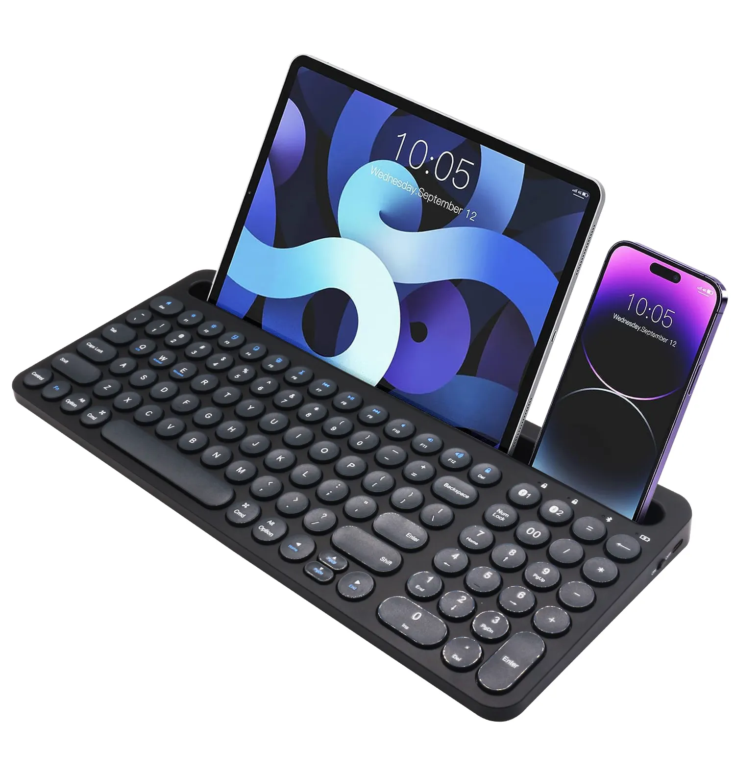 Keyboard komputer portabel banyak perangkat, papan ketik Bluetooth nirkabel ukuran penuh dengan bantalan numerik dengan penyangga Tablet