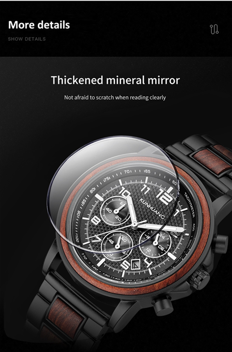 Kunhuang New Men's Calendar Watch Alloy Wood Waterproof Fashion Watch Independent Hot Sale Gift Chronograph Stop Watches
