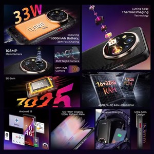 สำหรับ WP55 Ultra 5G โทรศัพท์มือถือที่ทนทาน ระบบปฏิบัติการ Android 15 หน้าจอ LCD 120Hz พร้อมกล้องถ่ายภาพความร้อน ชิปประมวลผล Dimensity 7025 หน่วยความจำ 12GB+512GB แบตเตอรี่ 11000mAh กล้อง 108MP หน้าจอ 6.6 นิ้ว รองรับ NFC - Product Image 3