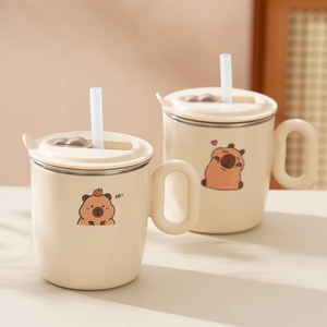 Mini tasse à eau pour enfant avec poignée, portable, à double paroi isolée, en acier inoxydable 304, motif Capybara, thermos - Product Image 1