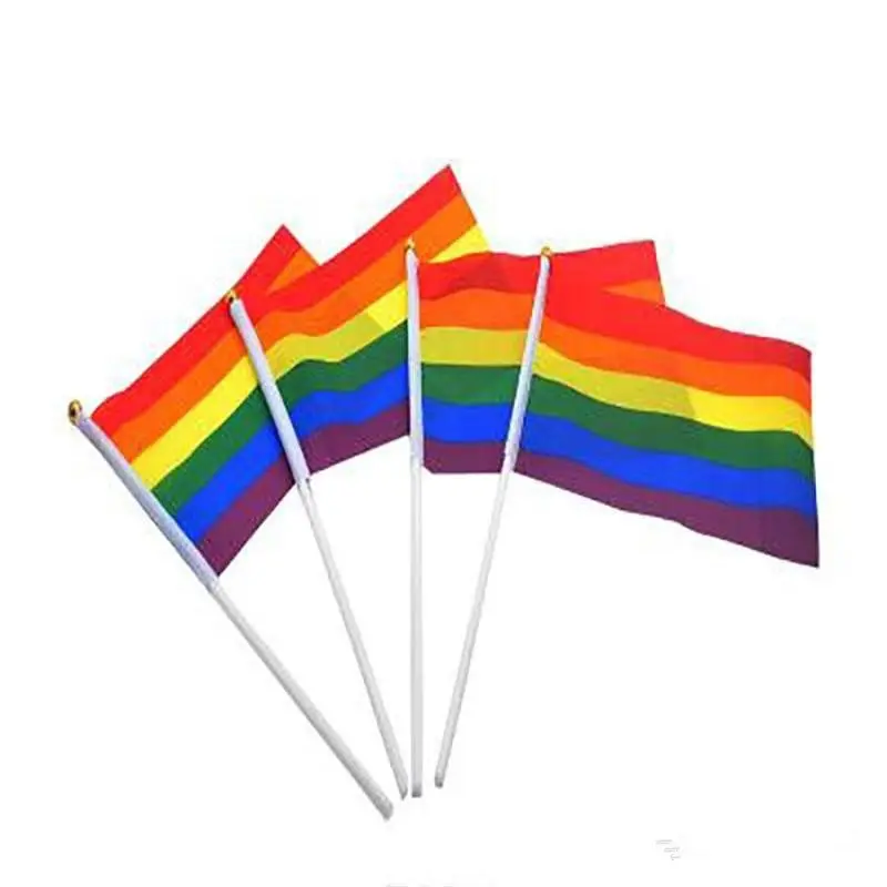 Rainbow Gay Pride Stick Flag 5x8 inch Hand Mini Flag waving flags handhold using with gold Top