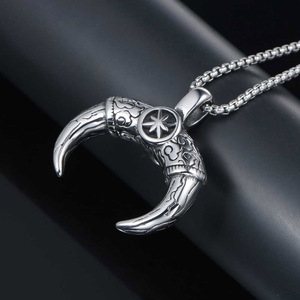 European American Style <b>Titanium</b> Steel Mayan Bull Horn Pendant With Ruby Bezel Setting Spike Themed Animal Zodiac Charm SP700 - Product Image 4