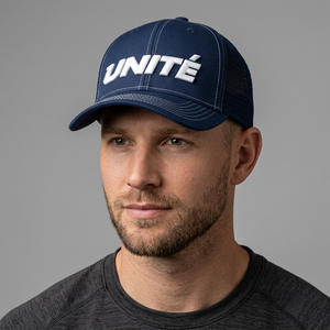Casquette Trucker 6 Panneaux Bleu Marine Respirante avec Dos en Maille Imperméable et Broderie 3D Blanche Motif Lettres Logo Unite Unisexe Adulte - Product Image 2