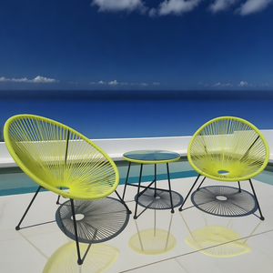 Set di 3 Sedie <span class=keywords><strong>Bistrot</strong></span> Gialle Intrecciate in Rattan con Tavolo in Vetro, Sedie a Uovo per Conversazione all'Aperto - Product Image 2