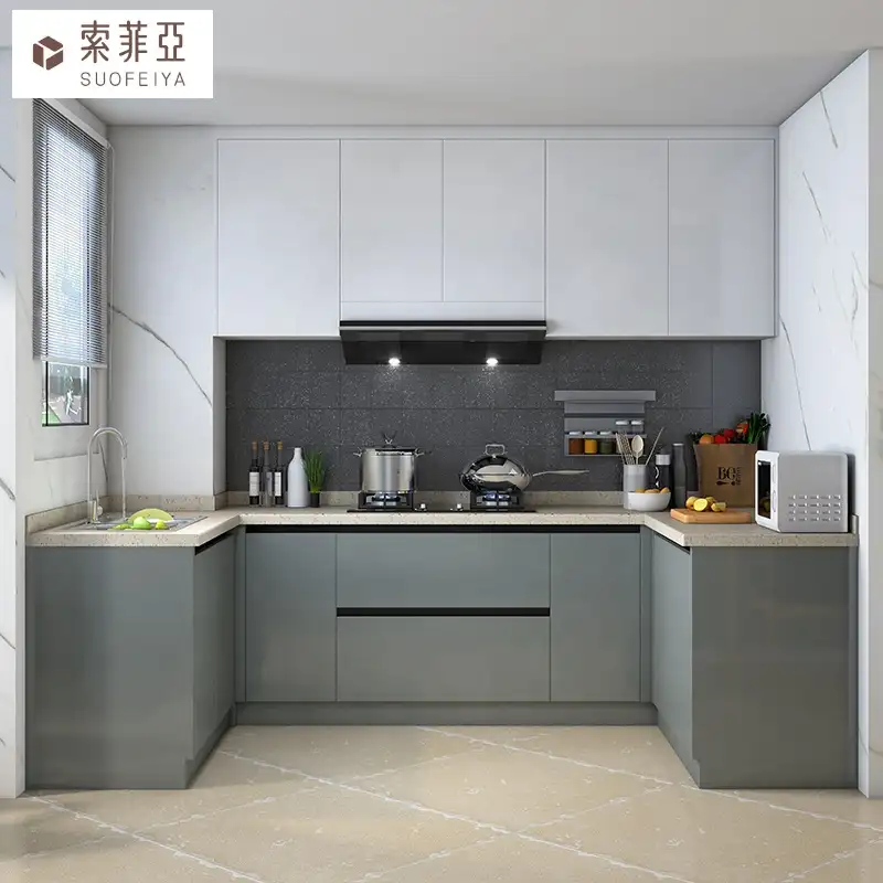 Suofeiya высокий глянцевый серый лаковый современный дизайн кухонный шкаф встроенный буфет кухонные шкафы