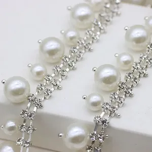 Honor of crystal Pearl Rhinestones Cup Chain with Pearl Sew on Trimming for DIY Garments