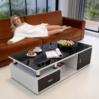 Table basse contemporaine moderne avec plateau en verre noir et tiroir de rangement ouvert pour le salon