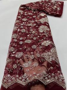 Tissu KC de luxe en dentelle florale perlée, tulle brodé à la main avec des cristaux pour robe de soirée africaine Aso Ebi - Product Image 4
