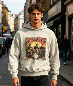 Felpa con Cappuccio Personalizzata Kornit DTG Stampata 100% Cotone Ecologico da Uomo Vintage Retro <span class=keywords><strong>Rock</strong></span> <span class=keywords><strong>Band</strong></span> con Grafica Tramonto - Product Image 1
