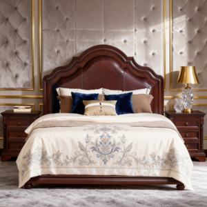 מיטת קינג סייז מרופדת עור ידידותית לסביבה בצבע חום כהה מעץ מלא מגולף בסגנון אמריקאי קלאסי מסורתי יוקרתי, דגם קוואנג'ינג M918 - Product Image 1