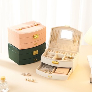 Leather Jewelry Box Double Layer With Drawer Key Lock Rectangle Plain Style For Jewellery Storage - Product Image 4