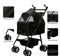 Poussette pliable 4 roues écologique en fer et lin/Oxford pour animaux de compagnie, pliage rapide à une main, sac de transport portable pour animaux de compagnie
