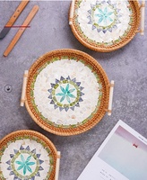 Plateau en rotin tressé bohème - Écologique, résistant à la chaleur, avec poignée, cadeau pour le Ramadan et Diwali, pour servir des fruits, des collations et du pain