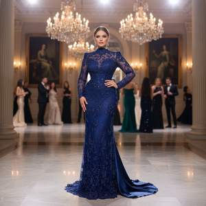 Silueta de sirena azul marino con cuentas transpirable de talla grande vestido de noche hasta el suelo adorno transparente tren de cintura Natural - Product Image 3