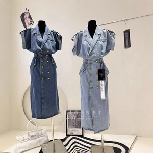 Estivo in <span class=keywords><strong>Denim</strong></span> con risvolto a bottone alla moda <span class=keywords><strong>abito</strong></span> Casual donna abiti formali 2023 Cowboy Streetwear estivi abiti lunghi da donna - Product Image 4