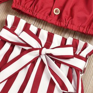 Ensemble 2 pièces pour bébés filles, hauts à volants, épaules dénudées, couleur unie + short rayé, vêtements pour nouveau-nés, 2021 - Product Image 6