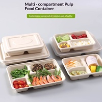 Boîtes à lunch jetables de luxe en bagasse avec couvercles, trois/quatre/cinq/six compartiments, capacité de 350 ml, pour desserts, plats à emporter, usage commercial