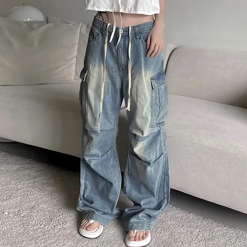 Street style low waist washed worn cargo jeans pants casual straight leg sweat trousers women