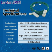 Kabel Kustom 39012220 ke 09-50-3121 22-01-1022 Branch Harness UL1007 18/24AWG Hijau PVC Tembaga Berlapis Timah untuk Otomasi Sinyal Daya
