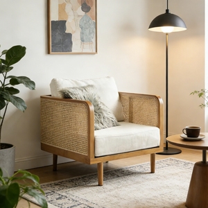 Canapé d'angle carré Bowen moderne et minimaliste, écologique, une place, en velours éponge, inclinable et rafraîchissant, pour la détente, avec structure en bois - Product Image 1