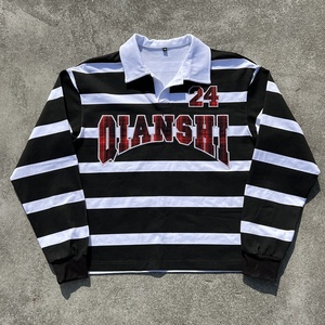 Camiseta de algodón de manga larga estilo rugby con hombros caídos, rayas, bordado personalizado y corte oversize, ideal para streetwear. - Product Image 1